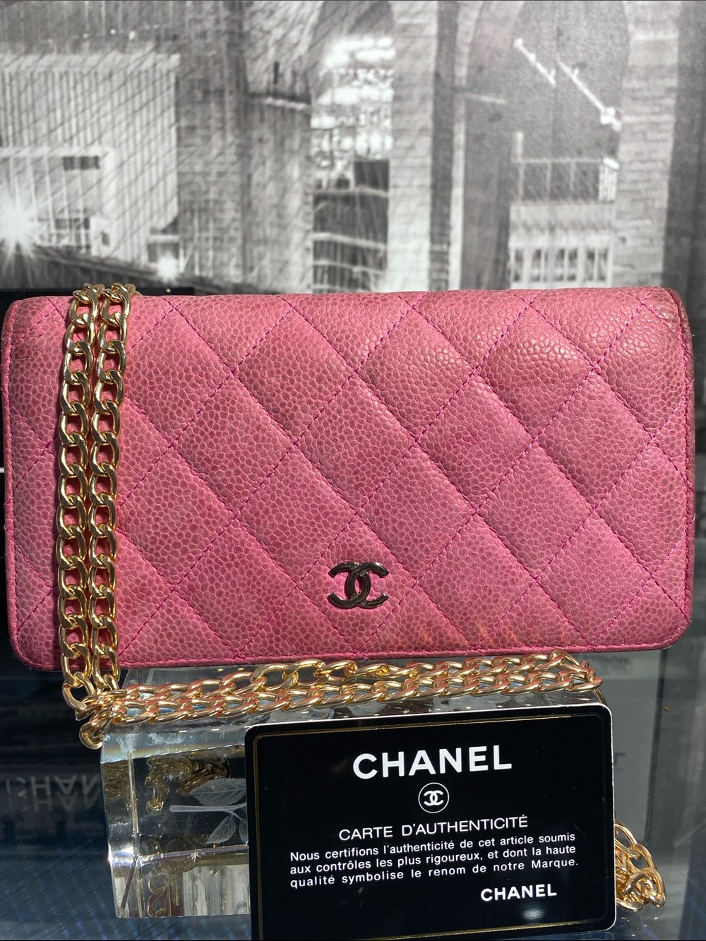 Authentic Chanel Pink Quilted Caviar Leather Flap L Yen Long Wallet